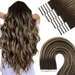 YoungSee Extension Adhesive Cheveux Naturel 12 Pouces Ombre Extension Cheveux Naturel Adhesif Marron Fonce Mixed Avec Caramel Blond Adhesive Extension Cheveux Naturel Peut être Bouclé 20pcs