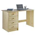 Bureau ARNE pour enfant ou adulte multi rangements, avec 4 tiroirs, en pin massif vernis naturel