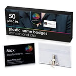 OfficeTree 50 x Name Badges with Clip and Pin Integrated - Including 60 x Cards to Print On - Name Badge Holders for Business Cards - Plastic Name Badges - Clear Badge Holder - Conference Badges