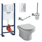 Pack WC suspendu sans bride JACOB DELAFON Elite + Bâti support GROHE Rapid SL + plaque chromé + Porte-balai + Porte-rouleau