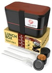 Umami Bento Lunch Box, Couverts & 2 Pots à Sauce Inclus, Boîte Repas Encastrable, Lunchbox Micro-Ondable, Boîte à Lunch Adulte Compartimentée, Bento Box, Sapele Noir, 1500 ml