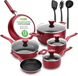 NutriChef Pots Pans Set Non Stick, 13 Pcs - Cooking Pot Set, Induction Hob Pan Set with Lids, Saucepan, Kitchen Frying Pans, Free Heat Resistant PFOA Free Cookware, Lids, Ladle, Fork, Strainer, Red