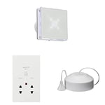 Knightsbridge 100mm/4 Led Back Lit Extractor Fan With Overrun Timer-White, EX003T + SN8900N Dual Voltage Shaver Socket with Neon, 115/230 V + 2 Way Pull Cord Light Switch in Matt White