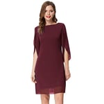 GRACE KARIN Femme Robe en Mousseline à Col Rond et Manches Longues 3/4 Fendues V-Back Sexy Elégante Robe Eté CL011125-1_2XL,Vin Rouge