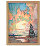 Atmospheric Clouds Over Mono Lake at Dawn Lakeside Rock Landscape Modern Watercolour Painting Artwork Framed Wall Art Print A4