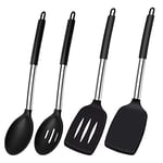 Silicone Spatula Spoons for Cooking, Heat Resistant Silicone Slotted Spatula Solid Turner Kitchen Spoons Set for Non Stick Cookware, BPA Free Large Black Silicone Kitchen Utensils for Baking, 4 Pack