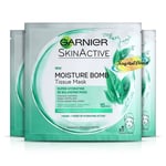 3x Garnier Skin Active Moisture Bomb Hydrating Balancing Green Tea Tissue Mask