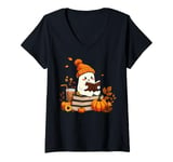 Womens Cute Ghost Reading Book Lovers Halloween Ghost Coffee Cozy V-Neck T-Shirt