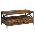 VASAGLE Table Basse, Table de Salon, Buffet Bas, avec 2 Tiroirs et Un Compartiment Ouvert, Cadre en Acier en Forme de X, 100 x 55 x 45 cm, Style Industriel, Marron Rustique et Noir LCT201B01