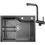 Cecipa - Evier Cuisine 1 Bac 60 x 45 cm avec Mitigeur Cuisine Rabattable, Evier Noir avec Panie Égoutteur Extensible, Siphon, et Kit de Drainage,