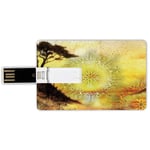 16G USB Flash Drives Credit Card Shape Yellow Mandala Memory Stick Bank Card Style Dreamy Landscape in Painting Style Tree on Cliff Horizon Oriental Swirls Decorative,Multicolor Waterproof Pen Thumb L