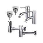 Fortifura Calvi Kit robinet lavabo - pour double vasque - robinet bas - bonde non-obturable - siphon design bas - Chrome brillant