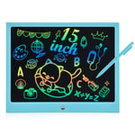 15 Pouces Tablette Dessin Enfant, RaceGT Coloré Ardoise Magique, Tablette D'écriture LCD Jouet avec Bouton D'effacement Verrouillable, éducatifs Cadeaux Jouets Enfant pour 3 4 5 6 Ans-Bleu