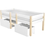 Lit cabane enfant 90x200 cm Lit d'enfant avec protection contre les chutes, pin massif blanc & chêne Lit avec tiroirs 2 Tiroir - Naturel+Blanc