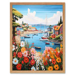 Idyllic Scenic Seaside Fishing Village Bright Oil Painting Orange Pink Blue Bathroom Floral Artwork Harbor Bay Boats Coastal Landscape Art Print Frame