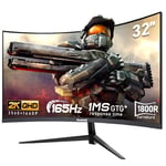 Gawfolk 32-inch PC screen,2K WQHD(2560×1440P),165Hz curved Gaming Monitors, 1ms，FreeSync, 100% sRGB，178° wide viewing angle，HDMI、DisplayPort, Compatible with Wall-Mounted VESA100*100MM - Black