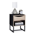 relaxdays Table de Nuit, tiroir, HLP 50x39x35 cm, Meuble d’appoint, Salon & Chambre à Coucher, métal, Aspect Bois, Noir