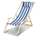 Hengda - Chaise longue pliante en bois Chaise de plage 3 positions Chilienne transat jardin exterieur Bleu blanc Avec mains courantes