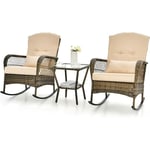 Goplus - goplius Salon de Jardin 3 Pièces pour 2 Personnes, 2 Fauteuils à Bascule en Rotin pe avec Table Basse en Verre Trempé, Coussins Rembourrés,