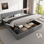 Okwish - Lit avec coffre de lit, tissu velours, lit rembourré, sommier à lattes, lit double, espace de rangement, sommier en bois (gris, 180 x 200 cm)