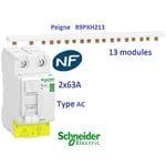 Interrupteur différentiel Resi9 xp 2P 63A 30ma type ac + Peigne 13 m - Schneider R9PRC263+R9PXH213