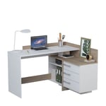 Bureau d'angle 3 tiroirs et rangements L128cm PITA chêne brossé/blanc Taille unique