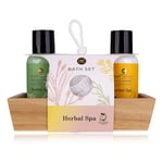 Accentra Coffret cadeau Herbal SPA dans une boîte en bois décorative, avec gel douche 100 ml, lotion pour le corps 100 ml et éponge en filet – Emballage (papier) et bouteilles en matériau recyclé