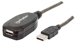 Manhattan USB-A to USB-A Extension Cable, 10 m, Male to Female, Active, 480 Mbps (USB 2.0), Daisy-Chainable, Built In Repeater, Black, Blister