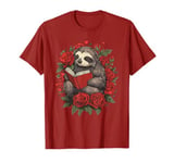 Flowers Sloth Reading Book Valentines Day Graphic Funny T-Shirt