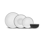 Karaca Borken Plates and Bowls Set for 4 People, White & Black Dinnerware Crockery Set, 16-Pieces Dinner Plate Sets, Stoneware Kitchen Dishes Set with Dining and Dessert Plates, Bowls, Pasta Bowls