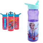 Marvel Spider-Man Personalised Sticker Water Bottle with Straw 500ml, Red & Blue & Disney Frozen Water Bottle with Straw – Kids 600ml PP – in Purple