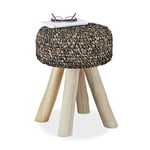 Relaxdays 10021520_470 Tabouret Teck, Pouf Exotique Bois, Assise Ronde Repose-Pieds 120 kg HxlxP: 48x38x38 cm, Noir-Beige, Nero-Naturale, 48 x 38 x 38 cm