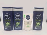 NIVEA MEN ENERGY SHOWER GEL 3 X 250ml. Plus Face Wash Sensitive Instant Relief 