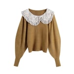 EIJFKNC Women Sweet Patchwork Ruffled Knitted Sweater Vintage Peter Pan Collar Long Sleeve Female Pullovers Chic Tops, L