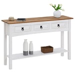 IDIMEX Console Campo Meuble Style Mexicain, Table Console Fabriquée en Pin Massif, 3 Tiroirs, 1 Étagère, Poignées en Métal, Console Finition lasurée Blanche