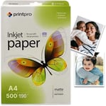 Papier photo PrintPro de mat 500 feuilles DIN A4 190g/m² Immédiatement sec Imperméable pour toutes les imprimantes jet d'encre