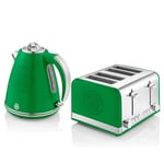 Swan Celtic Retro 1.5L Jug Kettle & 4 Slice Toaster Set Stainless Steel - Green