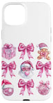 iPhone 15 Plus Preppy Pink Christmas Santa Gingerbread & Disco Ball Bow Case