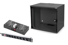 DIGITUS Set: Armoire réseau 19" 7U + ventilateur de toit + bloc multiprise 7 ports // Rack 19 pouces - Non monté - Montage mural - Profondeur 400 mm - Charge 60 kg - Profondeur utile 170-270 mm - Noir