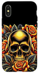 Coque pour iPhone X/XS Skull Orange Roses Halloween Fall Autumn Gothic Art Pattern