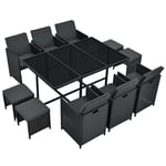 Juskys Groupe de sièges en polyrotin Baracoa XL 11 pièces résistant aux intempéries et empilable - Ensemble de mobilier de Jardin avec 6 chaises, 4 tabourets et Table - Noir, 10 Personnes