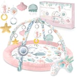 Nukido Tapis D'Éveil Pour Enfant Bébé Tapis De Jeu Avec Arches Amovibles 7 Jouets Multifonctionnels Coussin Mou Développement Sensoriel Coordination Oeil-Main Pilable Rose Ocean