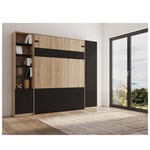 Composition lit escamotable style industriel KEY  bi-ton chêne noir mat 160*200 cm rangement L : 275 cm