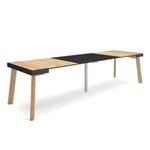 Table console extensible, 300, pour 14 personnes, 302x90x77cm, Pieds en bois, couleur Chêne et noir