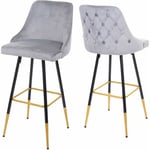 Décoshop26 - 2x tabourets de bar comptoir chaise haute pieds dorés en velours design rétro gris dossier capitonné