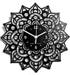 Instant Karma Clocks Wall Clock ➤ Mandala Flowers Artwork Decorative Motif Chakra Art Gift, HDF Wood Coated Finish Black Color, Ø12inch