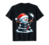 Cartoon Ice Hockey Puck Snowman with Santa Hat Christmas T-Shirt