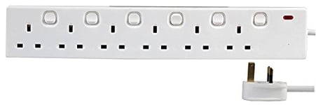 PRO ELEC - Individually Switched Extension Lead, 6 Socket, 10 Metres, Neon On Light (White)