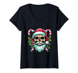 Womens Santa Skull Christmas Skeleton Candy Cane X-mas Holiday V-Neck T-Shirt