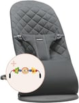 BabyBjörn Transat Bliss, Tissé, Matelassage Classique, Anthracite avec Arche de Jeux Yeux Espiègles